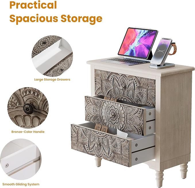 HOMPUS White 3 Drawer Dresser, Farmhouse Nightstand with 3 Drawers, Wood Night Stand with Lotus Carved Pattern, Vintage Nightstand with Storage, Small Chest of Drawers for Bedroom, Living Room, White