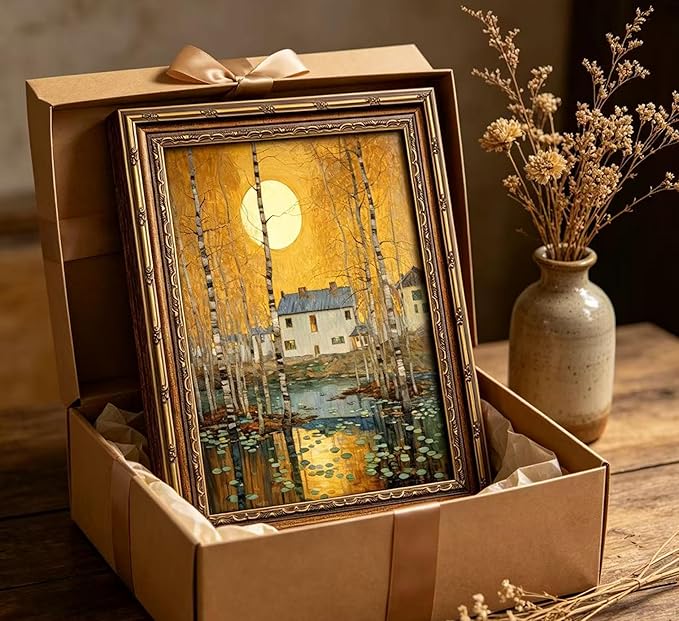 Vintage Gold Framed Minimalist Moon Canvas Wall Art，Retro Celestial Neutral Tone Textured Poster Artwork，Warm Tone Bohemian Wall Decor，for Bedroom Living Room Office，16x24in