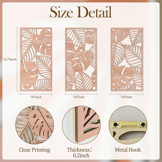 Tropical Decor 3D Wood Wall Art Set of 3, Carved Palm Tree Coastal Wall Decor, Hawaiian Wooden Wall Art for Bedroom, Bathroom, Living Room (Palm Leaf Cutout - 15.7 x 7.87 inch)