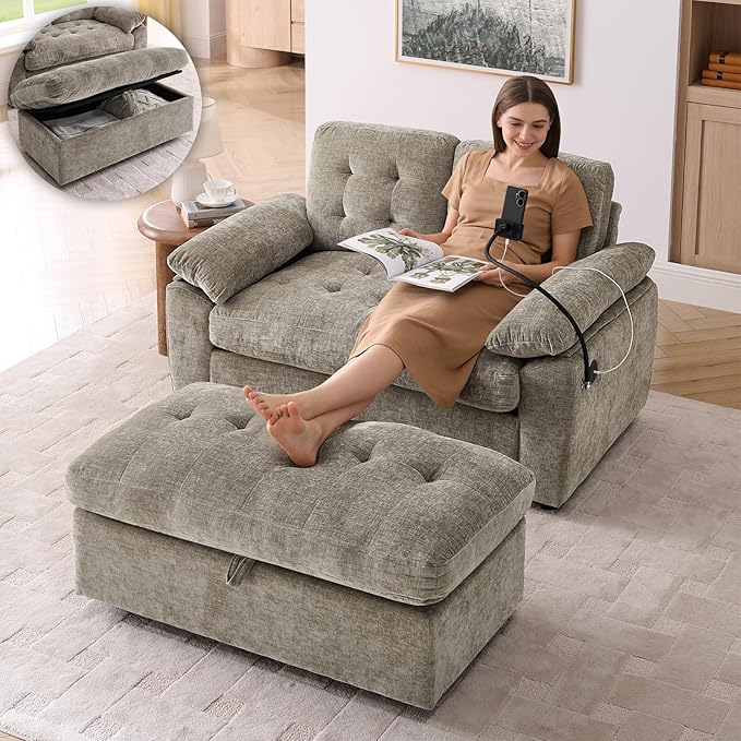 Oversized Chaise Lounge Chair Indoor, Double Convertible Recliner Reading Arm Sofa Chair W/Adjustable Backrest & Charging Port Couch Bed for Living Room, Home Theater & Bedroom, Brown