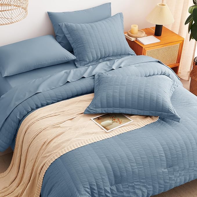 CozyLux King Size Comforter Set Grayish Blue, 7 Pieces Seersucker Textured Bed in a Bag Dusty Blue, All Seasons Bedding Set with Down Alternative Comforter, Sheets, Pillowcases & Shams, Home Gift