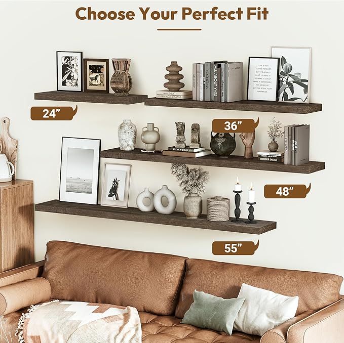 Vivelove Elm Floating Shelves for Wall Solid Wood, 24 Inches Long Rustic Wall Shelf With Invisible Bracket for Living Room Bedroom Bathroom Office Book, Farmhouse Display Shelf, Set of 2 - Dark Walnut