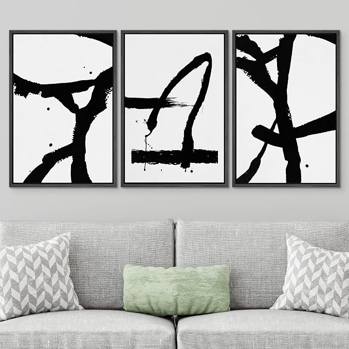 SIGNWIN Framed Canvas Print Wall Art Trio of Dark Paint Strokes Abstract Shapes Illustrations Modern Art Industrial Dramatic Black and White for Living Room, Bedroom, Office - 24"x36"x3 Black