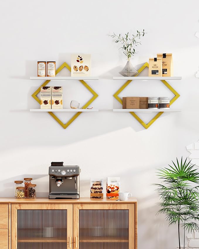 CHOEZON Floating Shelves for Wall, Set of 2 Wall Mounted Shelves, 2-Tier Hanging Shelves, for Living Room, Bedroom, Kitchen, Office, Study, Gold and White TBJ01P2JW