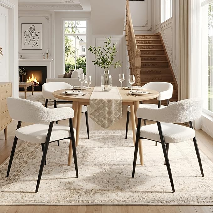 HNY Modern Dining Room Arm Chairs Set of 4, Faux Sherpa Boucle Upholstered Barrel Dining Chairs with Arms Mid-Century White Accent Chair with Metal Legs, Open-Back Kitchen Side Chair for Living Room