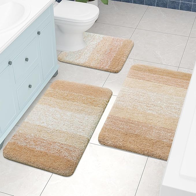 Arotive Microfiber Bathroom Rugs, Shaggy Soft and Absorbent Contour Toilet Rugs, Non-Slip, Thick Plush Machine Washable Dry Bath Mats for Toilet Base, 24x24, Beige, U-Shape