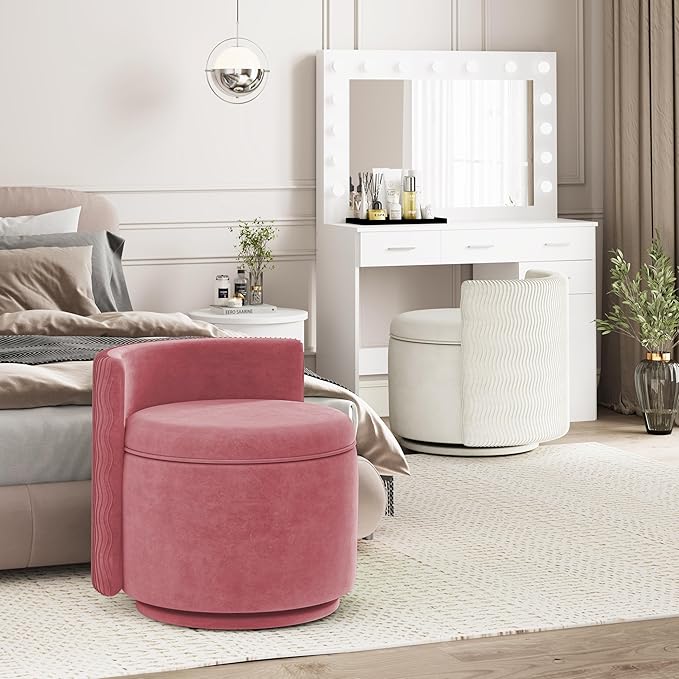 360° Swivel Accent Chair with Storage, Vanity Stool with Back, Velvet Storage Ottoman, Upholstered Round Barrel Vanity Chair for Living Room, Makeup Room, Bedroom (Dusty Rose)