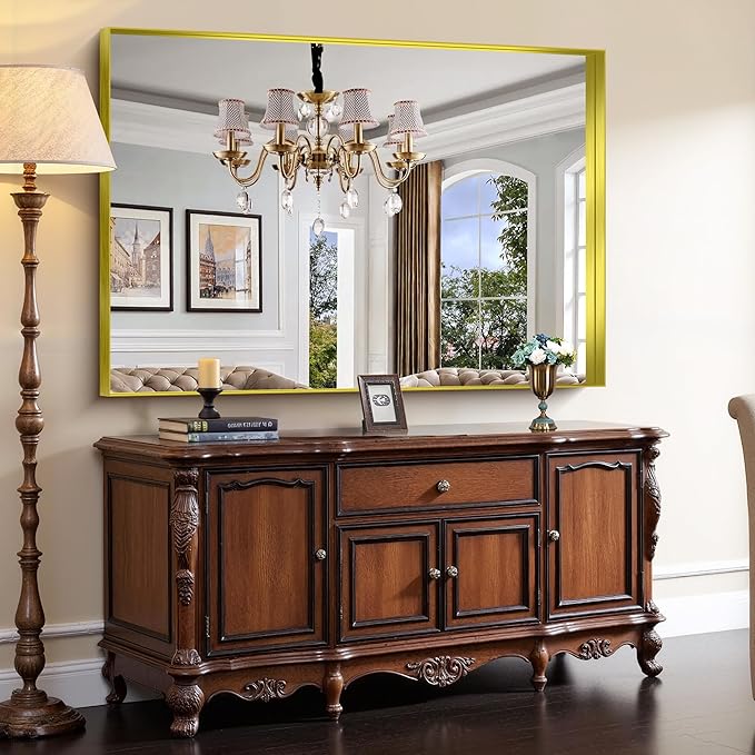 CIRCUMI Gold Bathroom Mirror, 40"x60" Rectangular Mirror with Deep Metal Frame, Brushed Finish, Tempered Glass, Large Mirror for Wall, Over 2 Sinks, Installed Vertically/Horizontally, Crystal-Clear