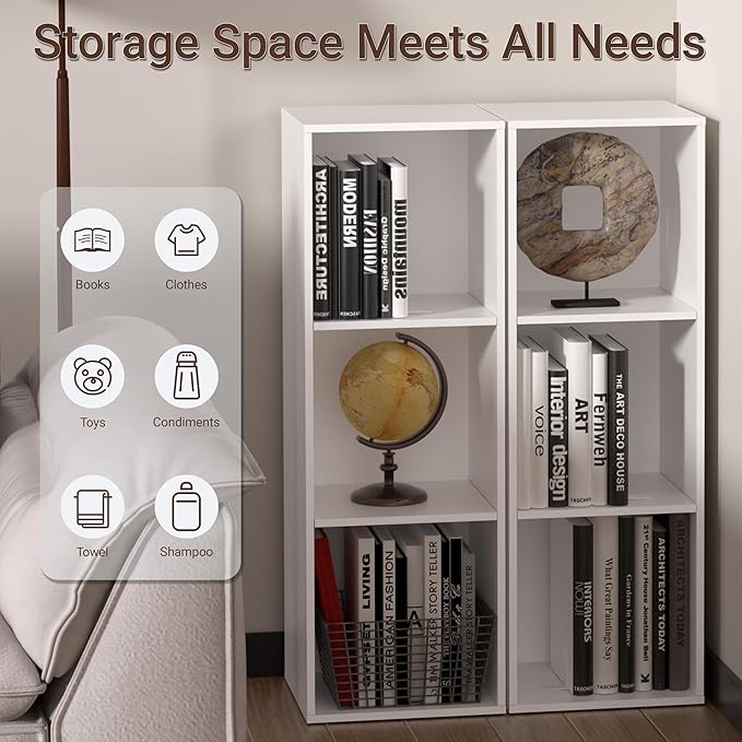 3 Cube Storage Organizer, Cube Shelf，3 Tier Cube Low Bookcase Freestanding Storage Display Organizer, Three-Cubes Open Shelf Bookshelf for Home Office (White, 3-Cube)