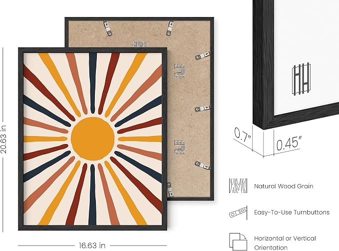 HAUS AND HUES Mid Century Modern Sun Wall Art, Boho Posters and Prints, Centered Yellow Sun with Rainbow Rays, Black Frame 16x20, Retro Wall Decor