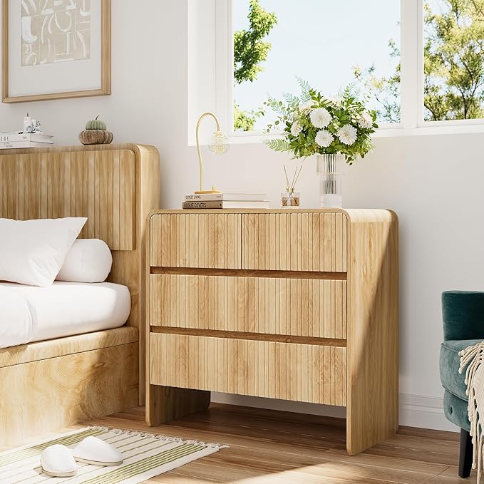 BERRYMERRY Flute 3 Drawer Dresser,31.5" Wide Dresser Nightstand for Bedroom,Mid Century Modern Wood Chest of Drawer with Curved Profile,Large Nightstand with 3 Drawer for Closet