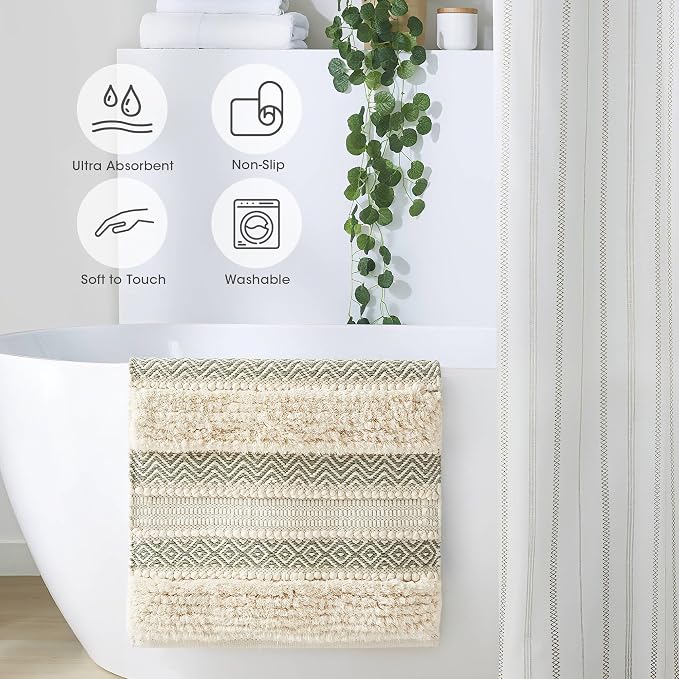 Ink+Ivy Bath Rug Hand-Woven Texture Shaggy Striped Soft & Water Absorbent, Boho Bathroom Décor Bath-Mats, Non-Slip Absorbent Quick Dry Mats for Tub, Shower Room, Asher, 20x32, Sage Green 1 Piece