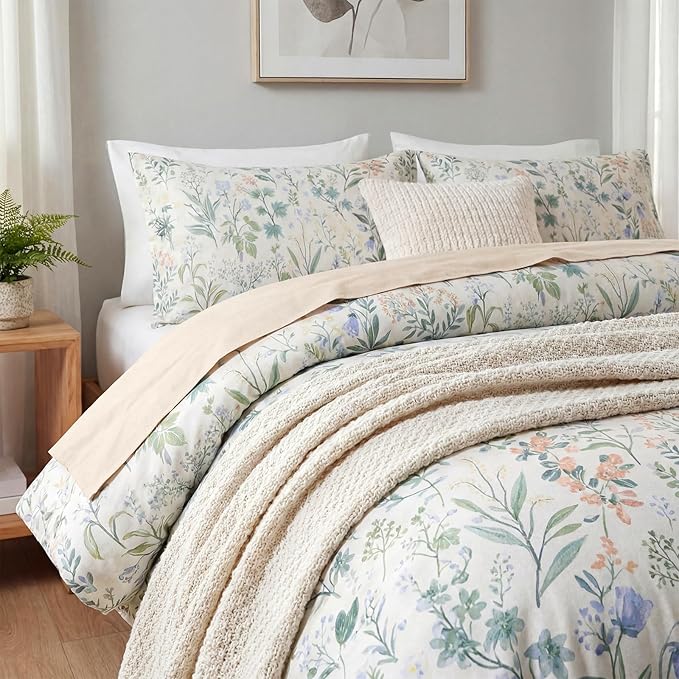 Duvet Cover Full Size 100% Cotton Comforter Cover Green Floral Breathable Duvet Cover with Zipper Closure & Corner Ties 3 Pcs Green Fragrant Grass Duvet Cover Set
