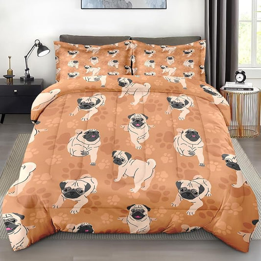 Comforter Set with 2 Pillowcases King Size, Cute Brown Pug Dog Lover, Bed Decor Happy Puppy Animal Paws Gift for Kids and Adults, Soft Cozy Bedroom Bedding Set