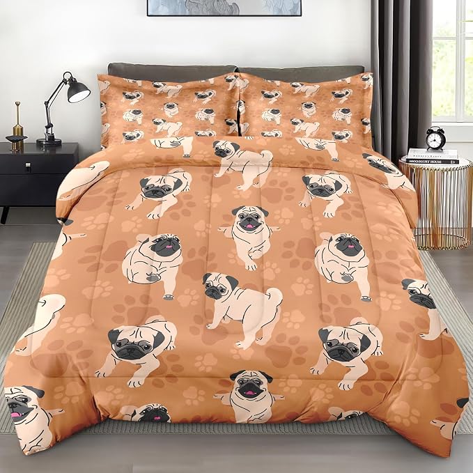 Comforter Set with Pillowcase Twin Size, Cute Brown Pug Dog Lover, Bed Decor Happy Puppy Animal Paws Gift for Kids and Adults, Soft Cozy Bedroom Bedding Set