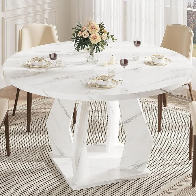 IBF Round Marble Dining Table,Dinner Tables for Kitchen 4-6,47 Inch Modern Pedestal Dining Room Table for Kitchen,Office,Living Room,White Marble