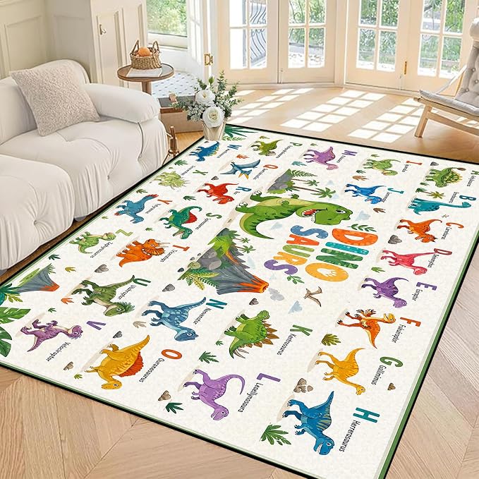 5'x7' Dinosaur Area Rug ABC Alphabet Educational Rugs for Bedroom Living Room Nursery Kitchen Playroom Home Decor Washable Cute Cartoon Dinosaur Floor Mat Carpet