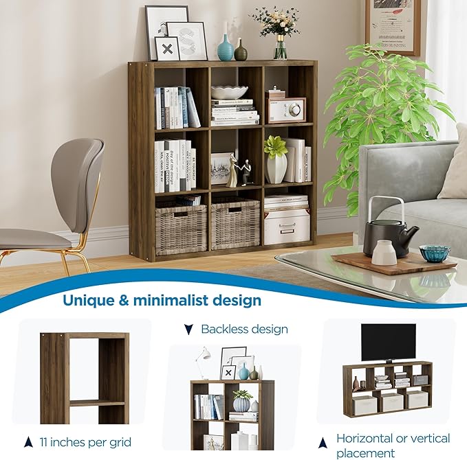 9-Cube Storage Organizer, Wooden Cube Shelf Bookcase with Reinforced Thick Shelves, Heavy-Duty 36.93" L x 9.37" W x 36.93" H, for Living Room Bedroom Home Office, Brown