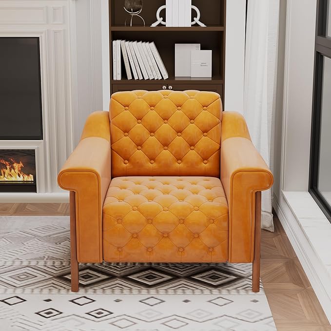 EJUNQ Faux Leather Accent Chair Set of 2, Mid-Century Modern Armchair, Retro Upholstered Armchair Accent Chair Club Chair for Living Room, Bedroom, Waiting Room, Office, Orange