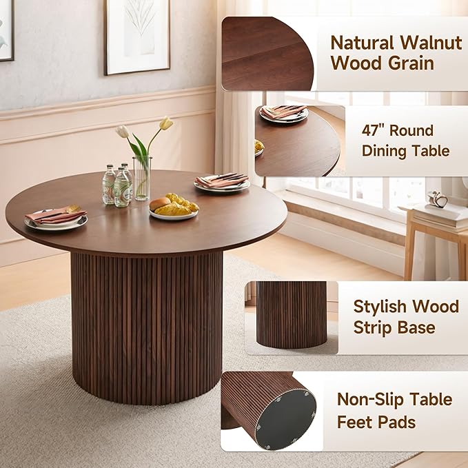 Howtek 47″ Round Dining Table Set for 4-6 People, 5 Piece Modern Kitchen Table with Natural Walnut Wood Grain Finish & 4 PU Leather Upholstered Dining Chairs（Curved Backrest & Solid Wood Legs ）