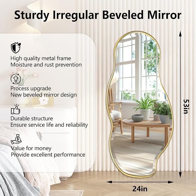 POZINO Large Irregular Beveled Mirror, 53"x24" Asymmetrical Wall Mirror with Gold Metal Frame, Organic Shape Mirrors for Entryway Hallway Living Room Bathroom Bedroom, Horizontal/Vertical Hanging