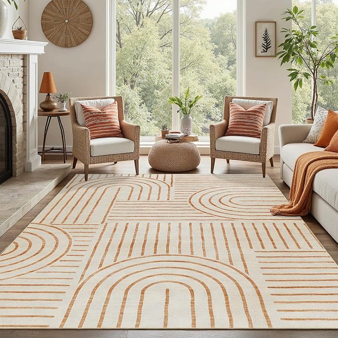 DCX Abstract Machine Washable 5x7 Rug, Orange Modern Accent Rug for Living Room, Soft Low Pile Non Slip Carpet, Kid & Pet Friendly Stain Resistant Rug for Bedroom Dining Room Office