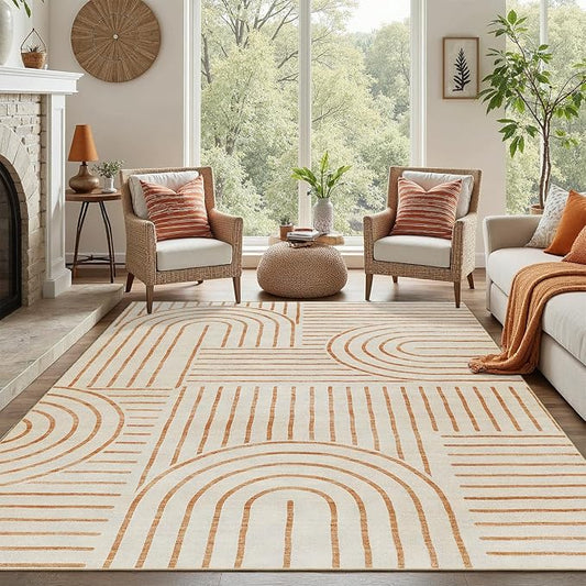 DCX Abstract Machine Washable 5x7 Rug, Orange Modern Accent Rug for Living Room, Soft Low Pile Non Slip Carpet, Kid & Pet Friendly Stain Resistant Rug for Bedroom Dining Room Office