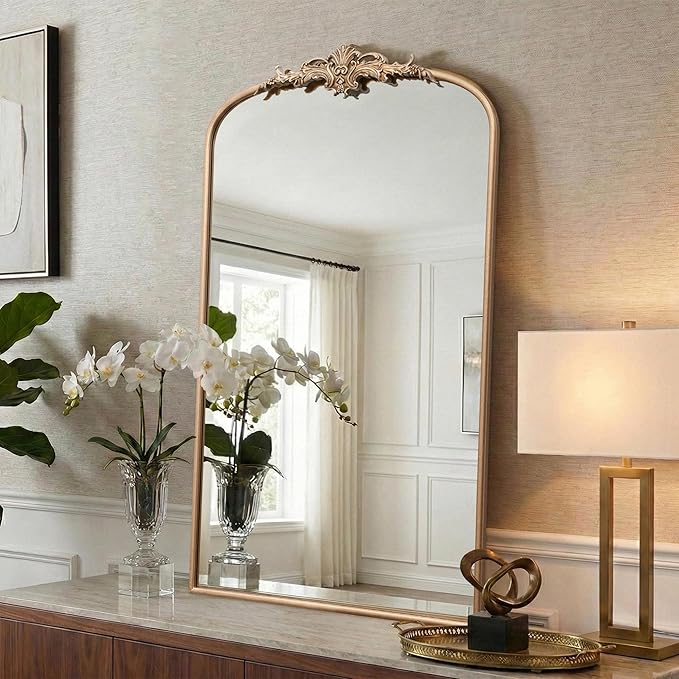 Besdomus Vintage Gold Wall Mirror: 24"x42" Large Arch Champagne Gold Antique Wall Mounted Mirror - Traditional Ornate Home Decor for Entryway/Fireplace/Bathroom - Baroque Idea for Housewife