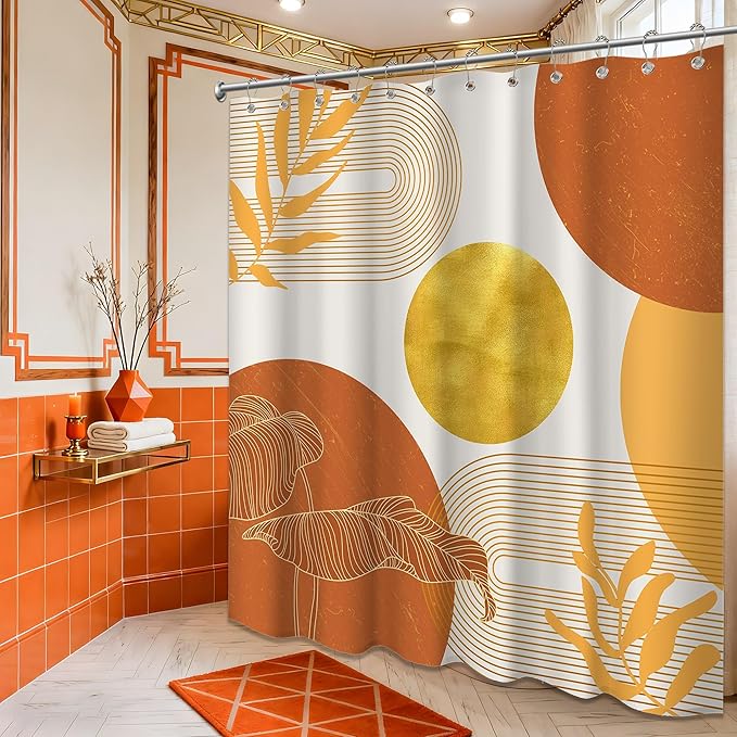 Orange and Gold Shower Curtain Burnt Orange White Shower Curtains for Bathroom Decor Boho Mid Century Bath Curtain Set, Waterproof Fabric with Hooks 70 x 72 Inch