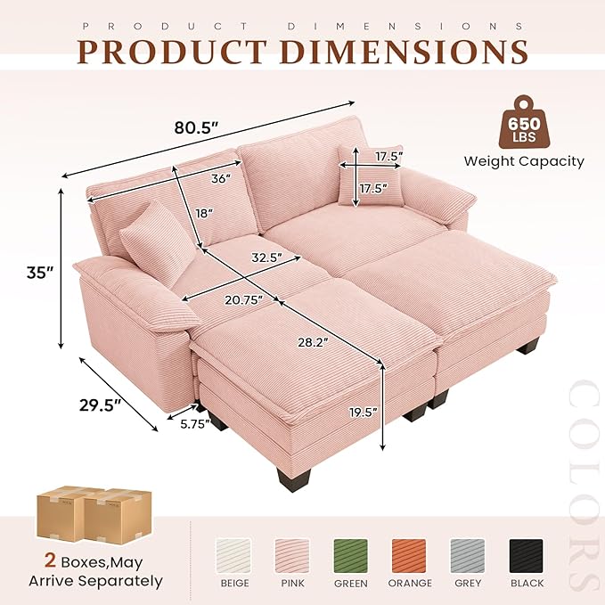 Modular Sectional Sofa Cloud Couch, Comfy Corduroy Loveseat with Ottoman Upholstered Deep Seat Sleeper Sofa Bed 2 Seater Couch Oversized Chaise Lounge Chair Indoor for Living Room Bedroom, Pink