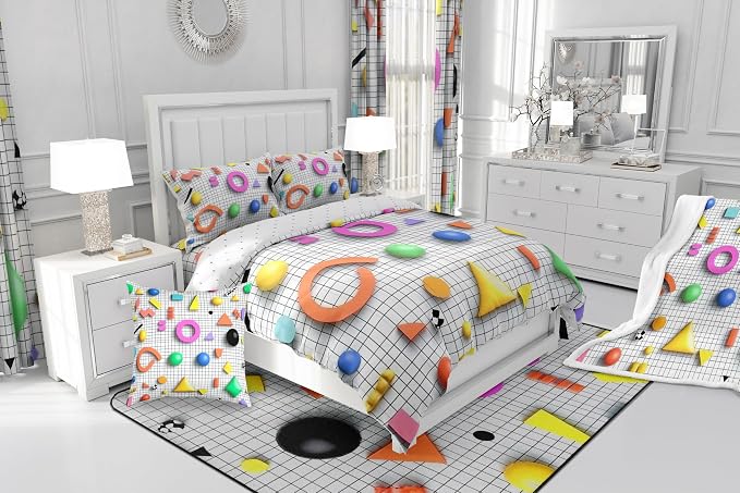 Retro 80s Style Bedding Set Twin,Abstract Geometric Pattern Duvet Cover Urban Modern Design with Circles and Triangle Comforter Cover Colorful Pop Art Inspired Pattern Quilt Cover for Boys Child