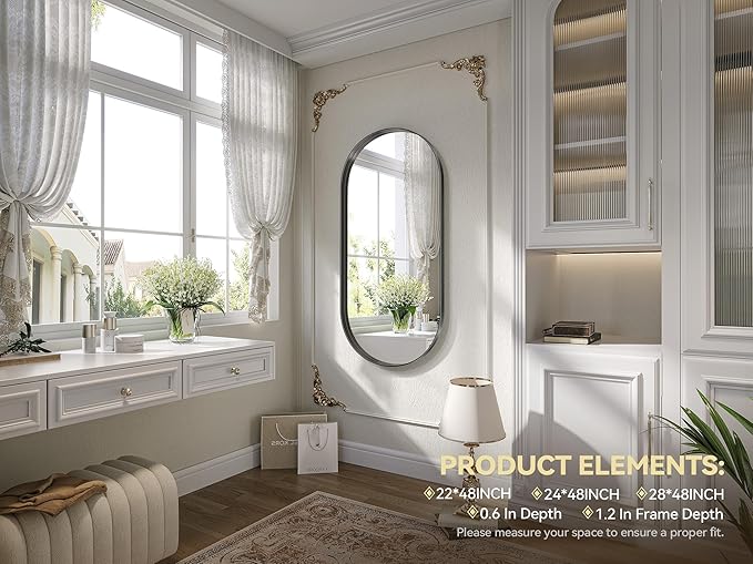 Brightify Black Oval Mirror for Wall 24x48 Inch, Metal Framed Bathroom Vanity Mirrors, Full Length Wall Mirror for Entryway Living Room Wall Decorative Hang Vertical and Horizontal