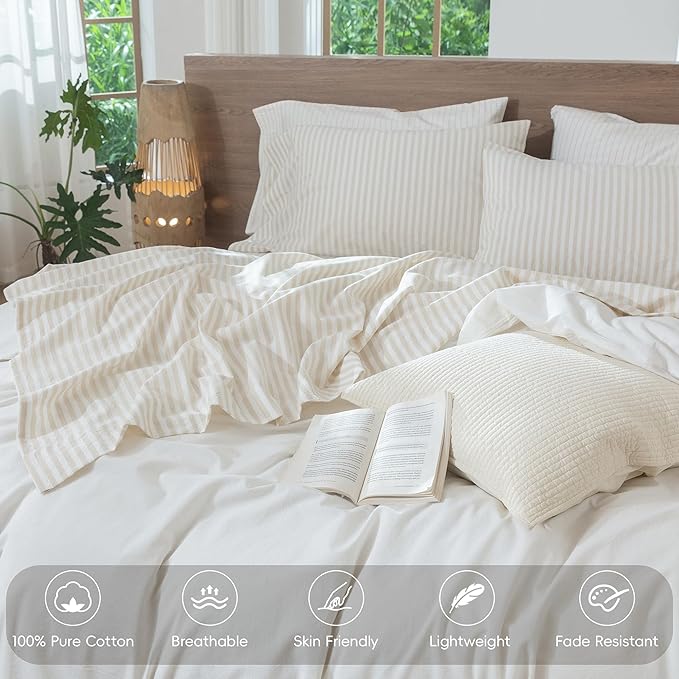 MooMee Striped Sheet Set 100% Washed Cotton Linen Like Textured Breathable Durable Soft Comfy (Almond Milk Grey Classic Stripes, Queen)