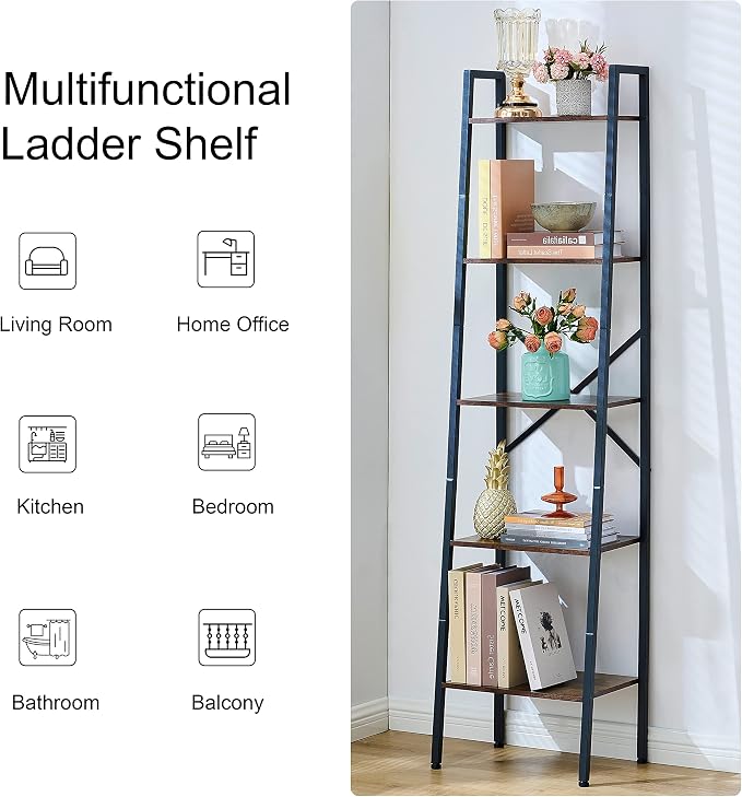 Hoctieon Industrial Ladder Bookshelf, Multifunctional Ladder Shelf, 5-Tier Tall Bookshelf, Open Ladder Shelf Bookcase, for Living Room, Home Office, Kitchen, Bedroom, Metal Frame, Rustic Brown