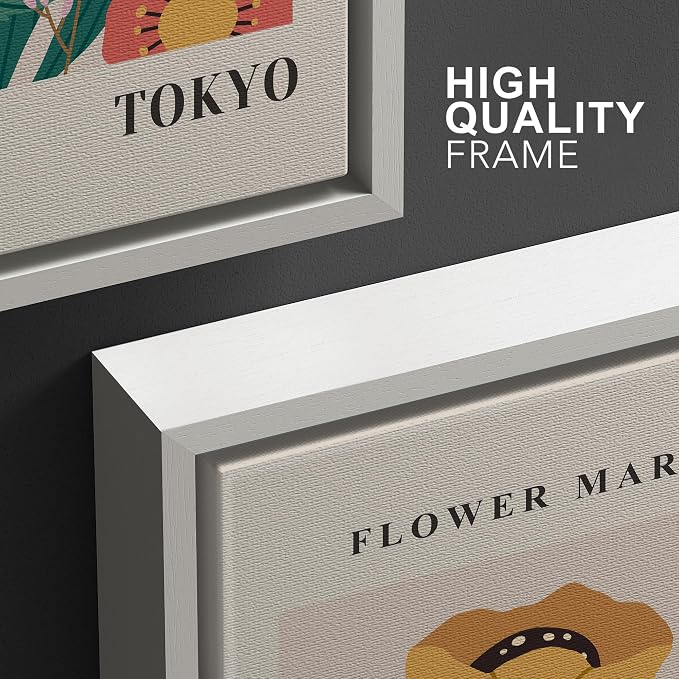 wall26 Framed Canvas Print Wall Art Set Colorful Flower Market Exhibition Prints Nature Wilderness Illustrations Modern Art Decorative Floral Botanical Minimal Calm for Bedroom - 24"x36"x3 White
