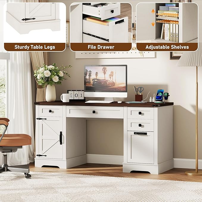 Squireewo 58'' Farmhouse Home Office Desk with Drawers, Wooden Executive Desk with Charging Station, File Drawers and Storage Cabinet, Computer Desk for Work, Study and Writing, Rustic White
