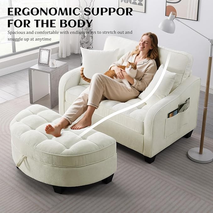 Oversized Curved Chaise Lounge Chair Indoor with Ottoman, 54.8" Cloud Boneless Reading Chair Soft Chenille Circle Couch w/Adjustable Backrest for Living Room, Apartroom, Bedroom, Beige
