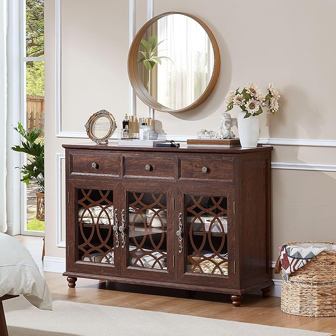 Large Sideboard Buffet Cabinet with Storage,48" Credenza with 3 Glass Doors & 3 Drawers,Adjustable Shelves Coffee Bar,Wood Kitchen Console Table for Dining Room,Living Room,Walnut