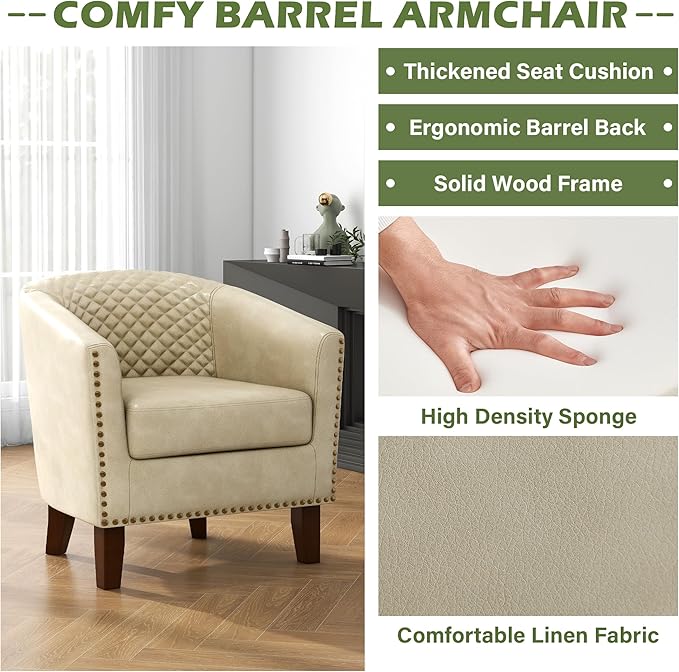 UIXE Faux Leather Accent Chair, Barrel Club Chair Upholstered Armchair for Living Room, Comfy Modern Round Arm Chair Bedroom Reading Seat - Beige