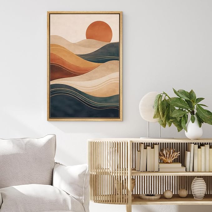 MUDECOR Framed Canvas Print Wall Art Modern Abstract Desert Sun and Flowing Waves Illustrations Minimalism Decorative Bohemian Zen for Living Room, Bedroom, Office - 16"x24" NATURAL
