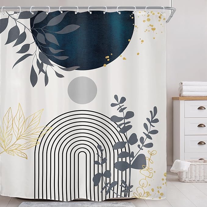 Riyidecor Navy Blue Boho Mid Century Shower Curtain for Bathroom Decor 72Wx84H Extra Long Modern Abstract Gold Leaves Minimalist Geometric Art Printed Fabric Polyester Waterproof 12 Pack Plastic Hooks