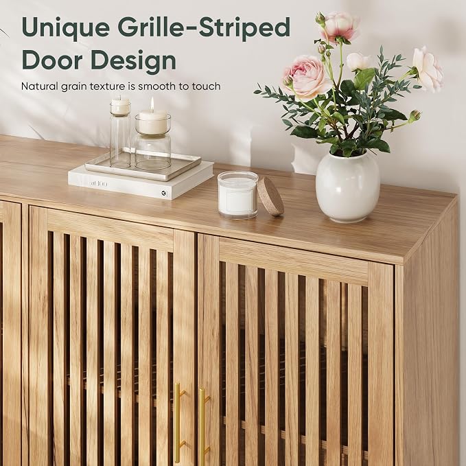 Smart FENDEE 63" Long Sideboard Buffet with 4 Slatted Doors, Farmhouse Buffet Storage Cabinet with Adjustable Shelves, Coffee Bar Cabinet for Entryway, Kitchen, Dining Room, Living Room, Natural