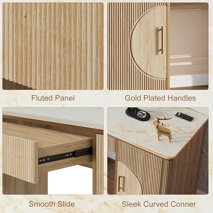 60" Fluted Computer Desk, Wooden Long Home Office Writing Desk with Drawer & Storage Cabinet, Modern Writing Table with Charging Station, High Executive Desk for Office，Bedroom, Nature Oak