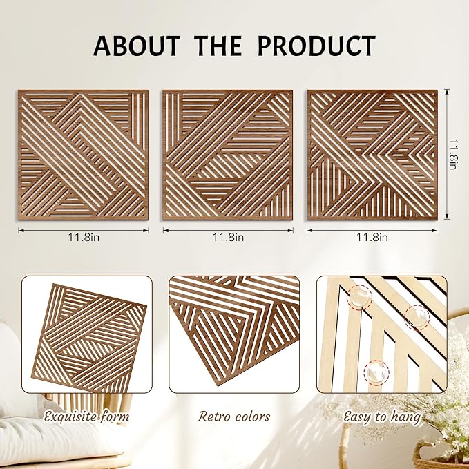 Bnesi 3 Piece Abstract Geometric Wood Wall Art Decor Modern Boho Minimalist Slatted Design Wall Sculpture Art Decor for Living Room Bedroom Home Bathroom (Exquisite, Medium)