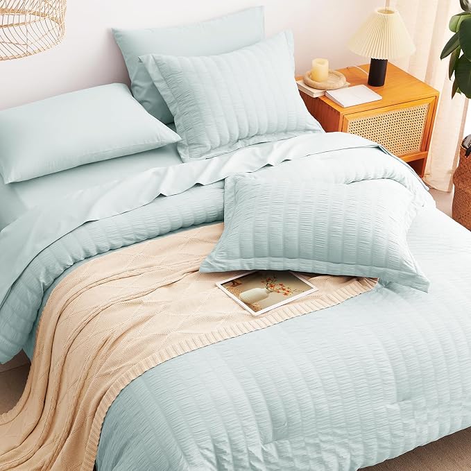 CozyLux King Size Comforter Set Ice Blue, 7 Pieces Seersucker Textured Luxury Bed in a Bag, All Seasons Soft Bedding Sets with Down Alternative Comforter, Sheets, Pillowcases & Shams, Home Gift