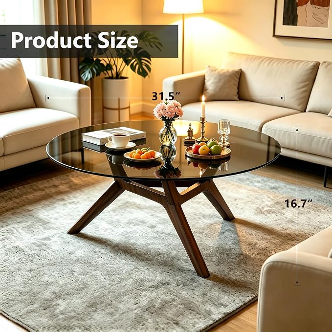Glass Coffee Table - Round Coffee Table with Clear Tempered Glass Top, Modern Low Minimalist Center Table, Sturdy Solid Wood Coffee Table for Living Room Home Office, Walnut