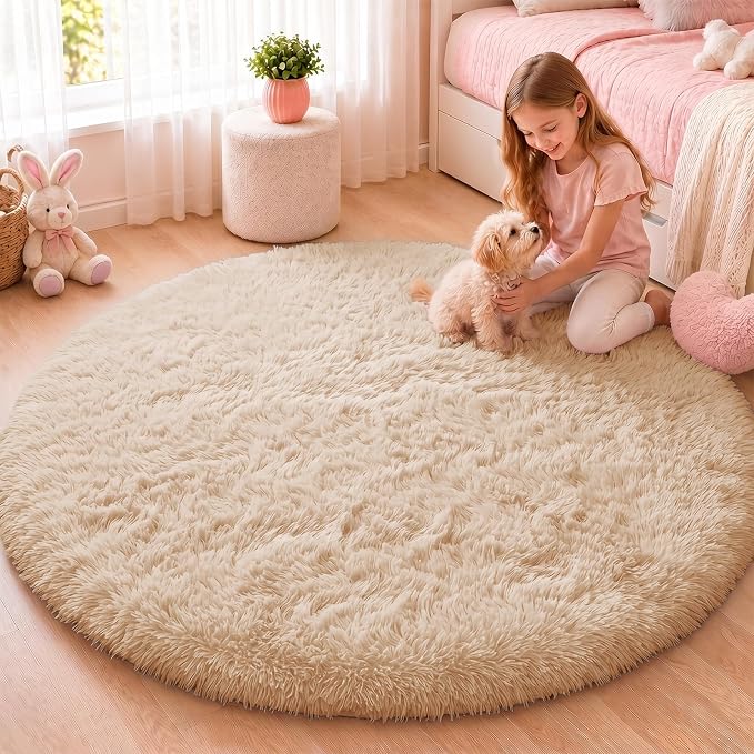 OLANLY Beige Round Rugs for Bedroom - Machine Washable, 4 ft Circle Area Rugs for Living Room, Soft and Fluffy Shaggy Carpet for Teen Girls and Boys, Nursery Rooms, Dorms, Home Decor Aesthetic