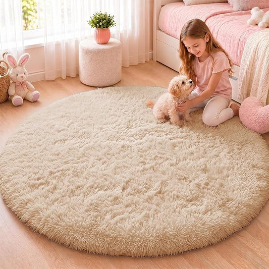 OLANLY Beige Round Rugs for Bedroom - Machine Washable, 5 ft Circle Area Rugs for Living Room, Soft and Fluffy Shaggy Carpet for Teen Girls and Boys, Nursery Rooms, Dorms, Home Decor Aesthetic