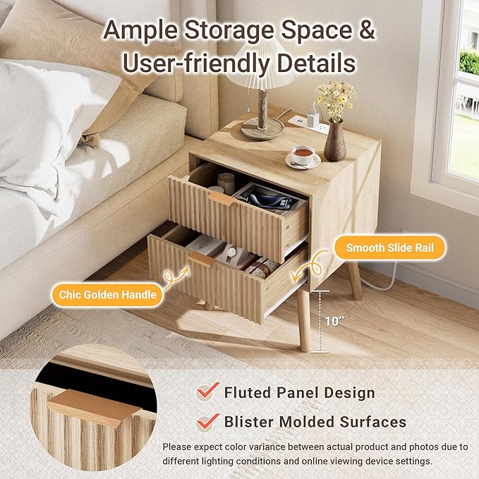 Fluted Nightstand, Beveled Edges Night Stand, 2 Drawer Nightstand with Charging Station, Modern End Table with Solid Wood Legs, Wooden Bedside Table for Bedroom Sofa Home Office,Natural Oak