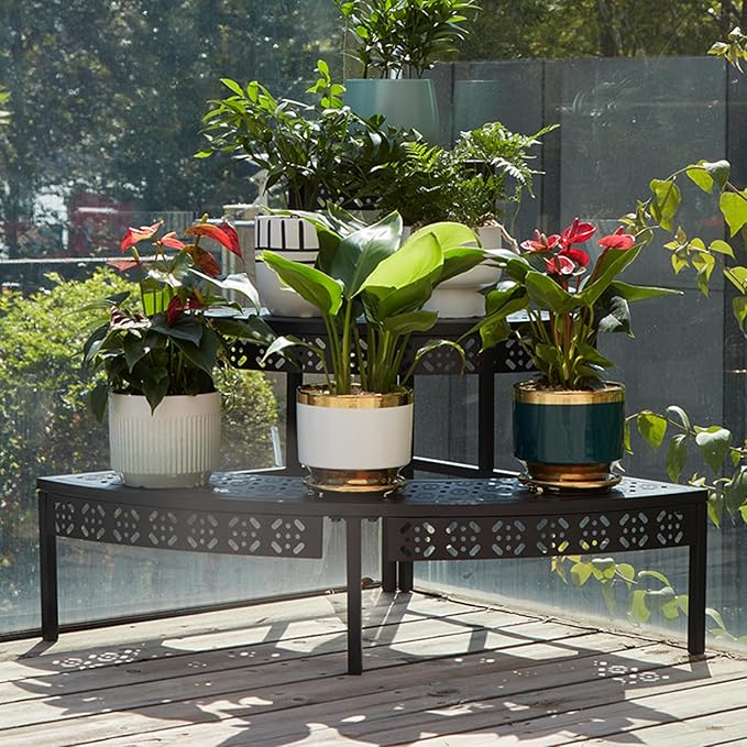 3 Tier Metal Plant Stand,Rectangle or Round Decorative Flower Step,Garden Shelf Flower Pot Holder Storage Organizer Rack for Indoor Outdoor Use
